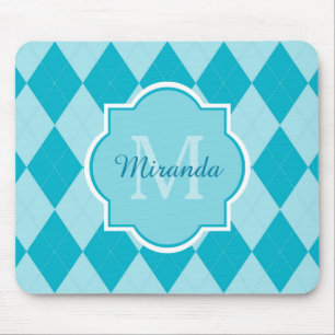Preppy Turquoise Argyle Girly Monogram and Name Mouse Mat