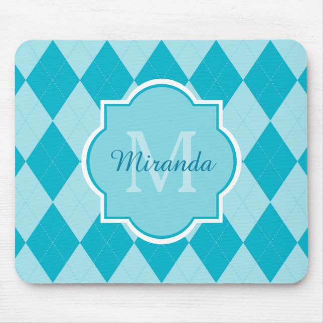 Preppy Turquoise Argyle Girly Monogram and Name Mouse Mat (Front)