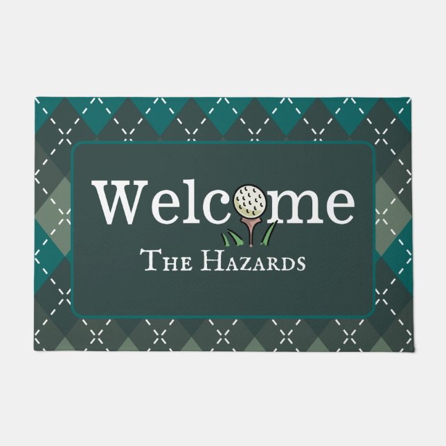 Preppy Turquoise Grey Argyle Golf Welcome Entry Doormat (Front)