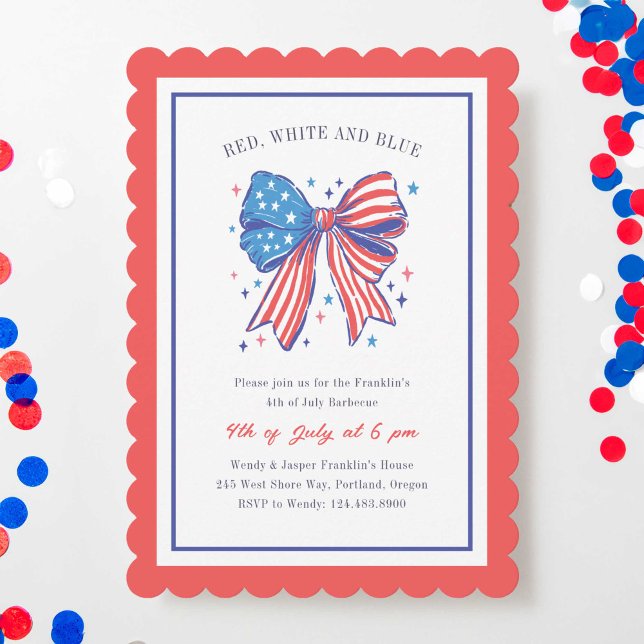 Preppy USA Flag Bow 4th of July Party Invitation (preppy bow 4th of July party invitation)