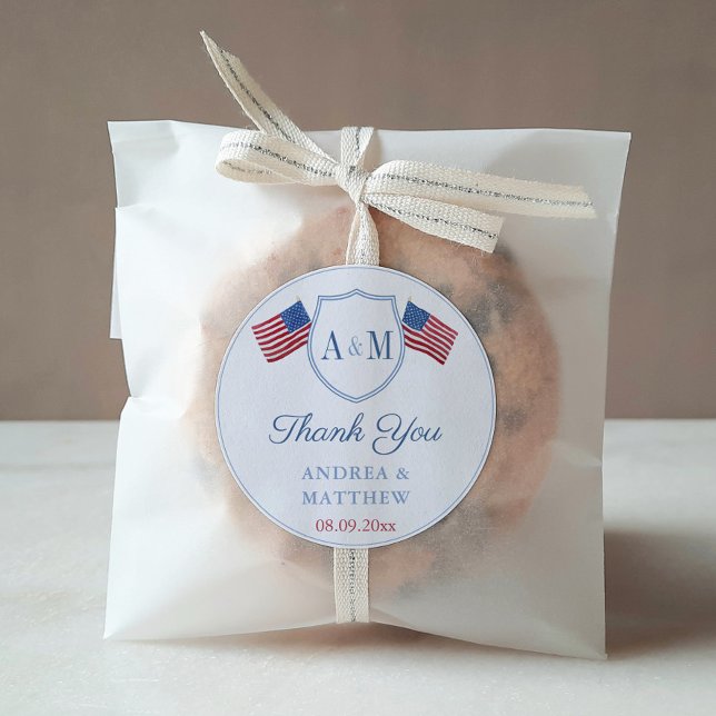 Preppy USA Flag Monogram Wedding Favour Thank You Classic Round Sticker (Preppy Red White And Blue Couples Monogram Crest Wedding Favor Thank You Sticker)