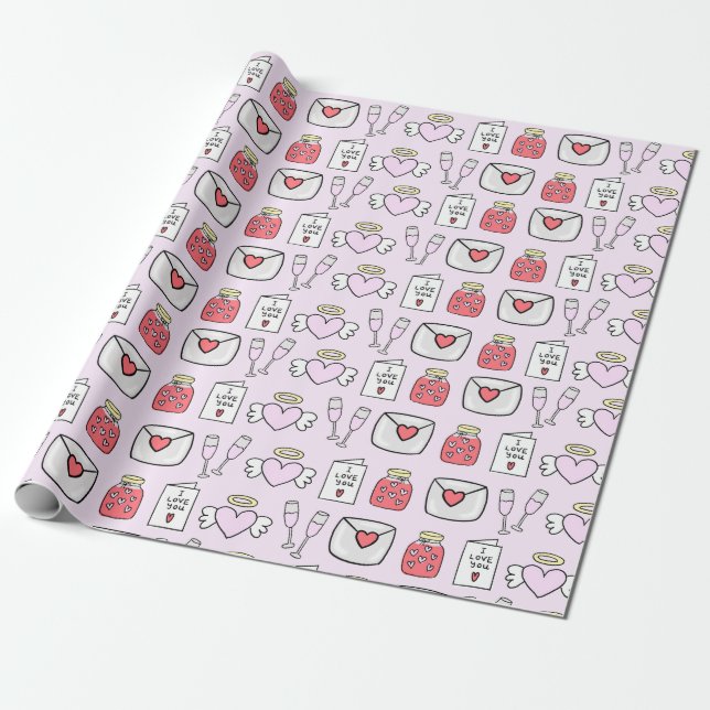 Preppy Valentines Icons Soft Pink Wrapping Paper (Unrolled)