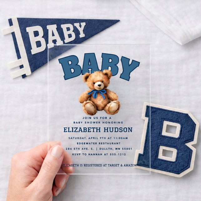 Preppy Varsity Teddy Bear Baby Shower Acrylic Invitations (Preppy Varsity Teddy Bear Baby Shower Acrylic Invitations)