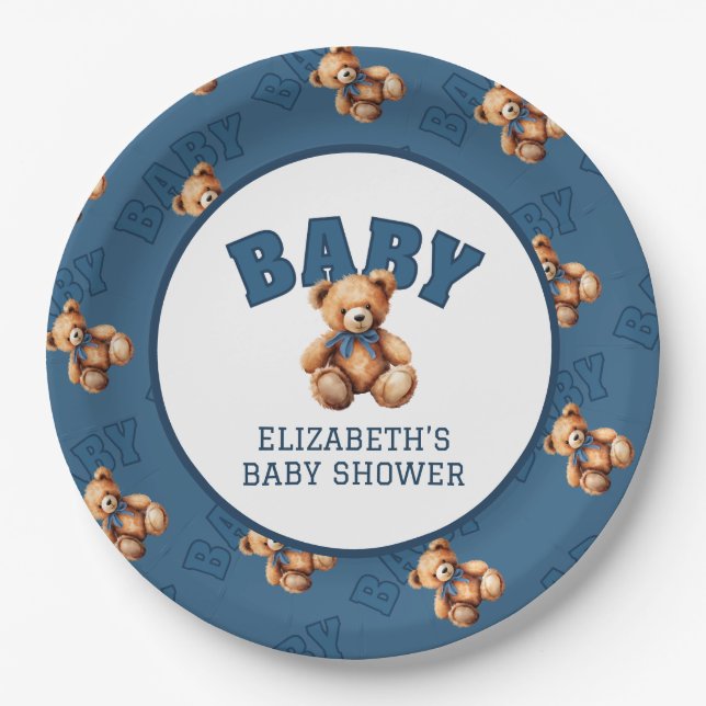Preppy Varsity Teddy Bear Baby Shower Paper Plate (Front)