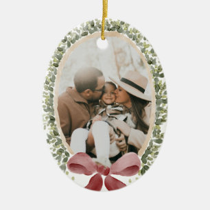 Preppy Vintage Red Bow Family Photo Christmas Ceramic Tree Decoration