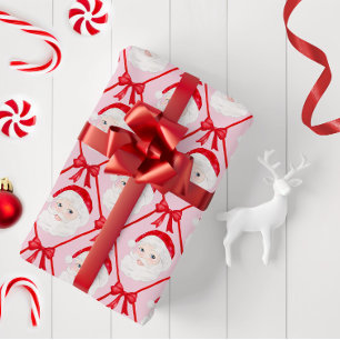 Preppy Vintage Santa Red Bows Trellis Red Hat  Wrapping Paper