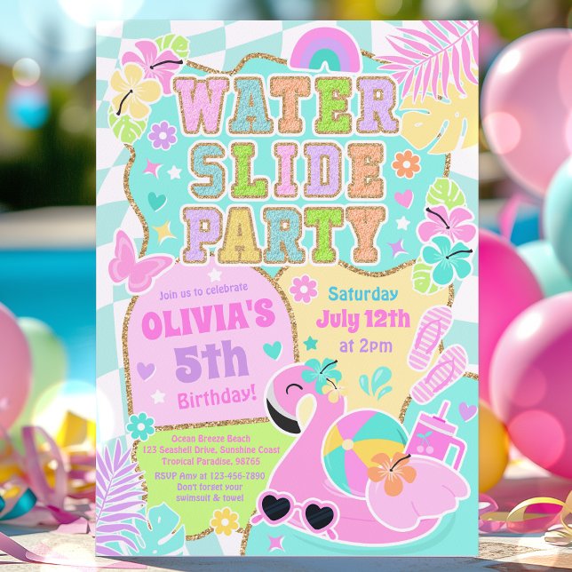Preppy Water Slide Party Cute Girly Pool Birthday Invitation (Creator Uploaded)