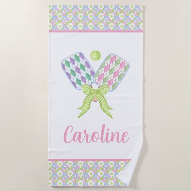 Preppy Watercolor Argyle Pickleball Paddles Beach Towel (Front)