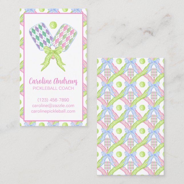 Preppy Watercolor Argyle Pickleball Paddles Business Card (Front/Back)