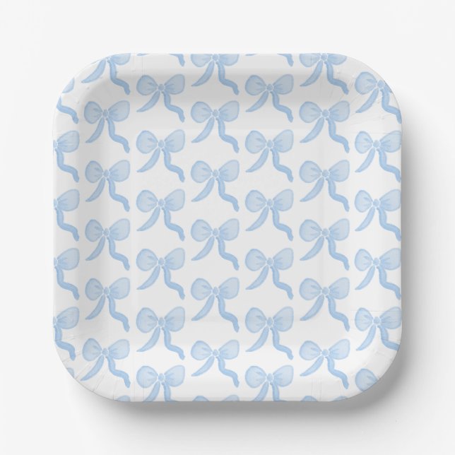 Preppy Watercolor Blue Bows Paper Plate (Front)