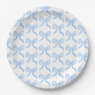 Preppy Watercolor Blue Bows Paper Plate
