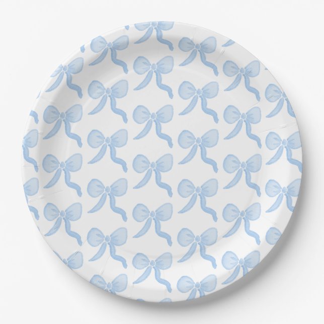 Preppy Watercolor Blue Bows Paper Plate (Front)