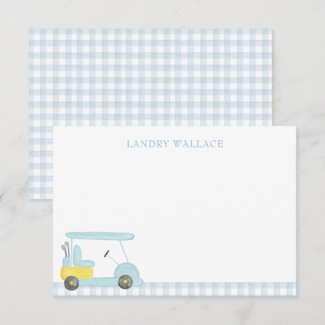 Preppy Watercolor Blue Gingham Golf Cart Thank You Card (Front/Back)