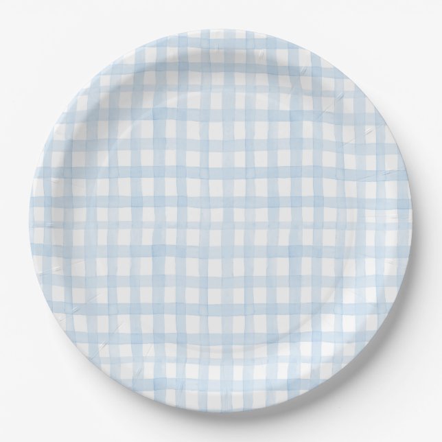 Preppy Watercolor Blue Gingham Paper Plate (Front)