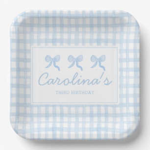 Preppy Watercolor Blue Gingham Personalized Paper Plate