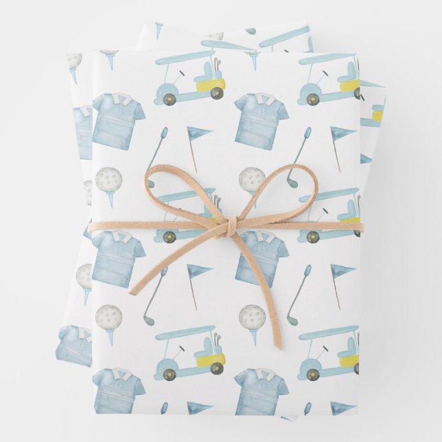 Preppy Watercolor Blue Golf Polo Shirt Wrapping Paper Sheet (In situ)
