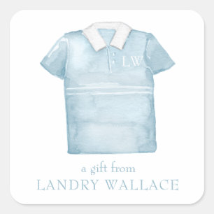 Preppy Watercolor Blue Monogram Golf Polo Shirt Square Sticker