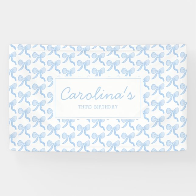 Preppy Watercolor Blue Watercolor Bows Personalise Banner (Horizontal)
