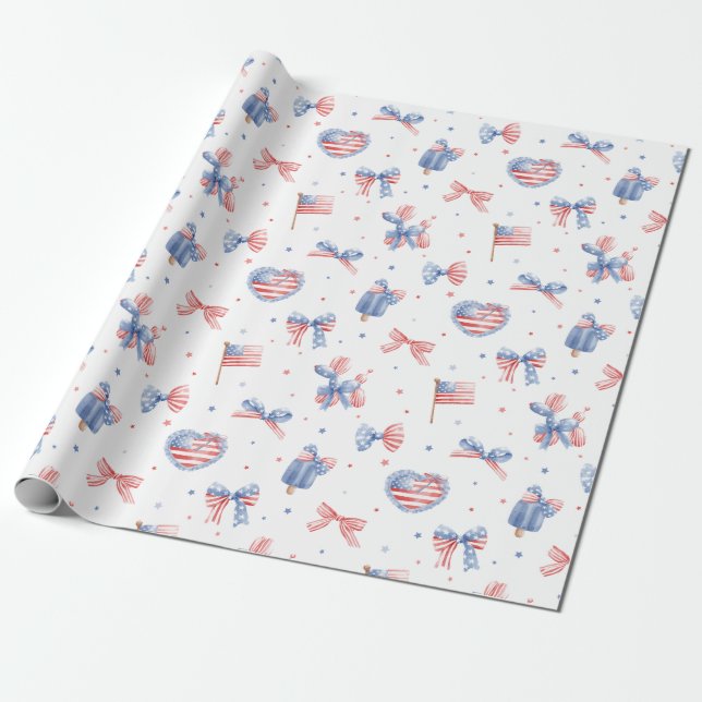 Preppy Watercolor Bows 4th Of July Pattern Wrapping Paper (Unrolled)