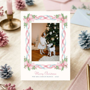 Preppy Watercolor Bows Christmas Photo Holiday Card