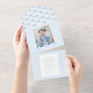 Preppy Watercolor Bows Gingham Custom Photo All In One Invitation