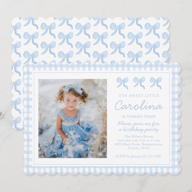 Preppy Watercolor Bows Gingham Custom Photo Invitation (Front/Back)