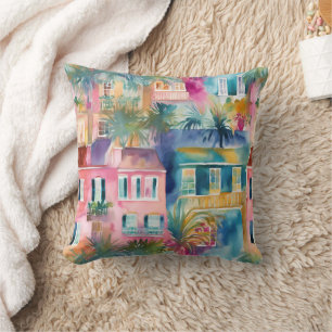 Preppy Watercolor Charleston Houses  Cushion