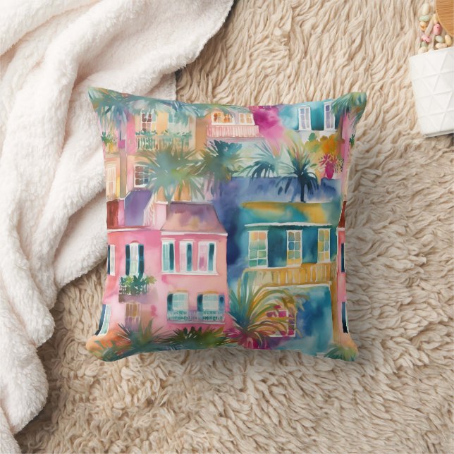 Preppy Watercolor Charleston Houses  Cushion (Blanket)
