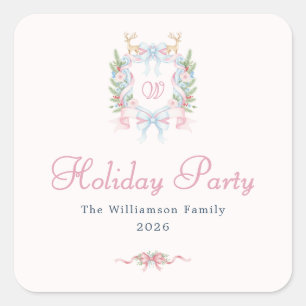 Preppy Watercolor Christmas Holiday Party Initial Square Sticker
