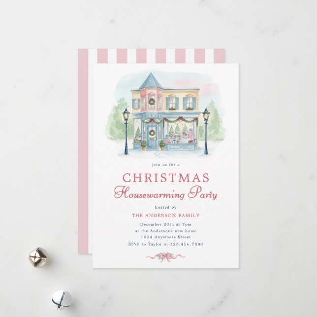 Preppy Watercolor Christmas Housewarming Invite (Front/Back In Situ)