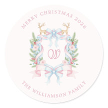 Preppy Watercolor Crest Merry Christmas Initial