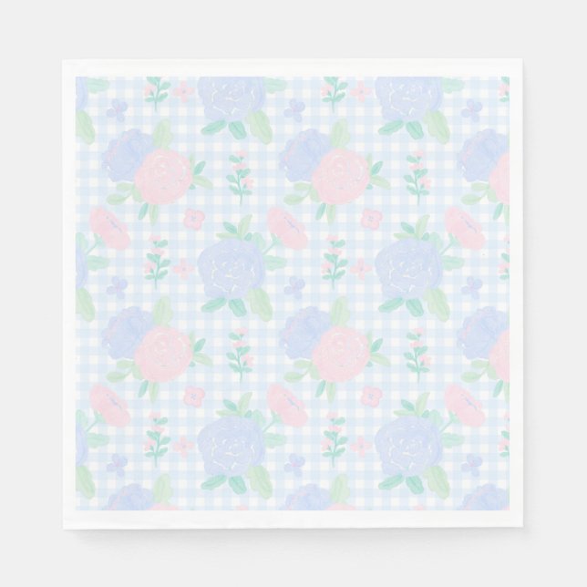 Preppy Watercolor Floral Gingham Birthday  Napkin (Front)