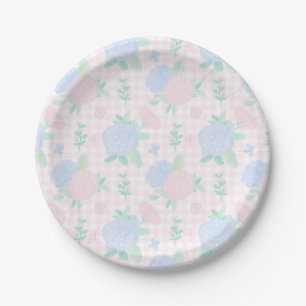 Preppy Watercolor Floral Gingham Birthday  Paper Plate