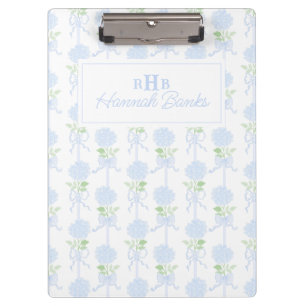 Preppy Watercolor Monogram Hydrangea Bows Clipboard