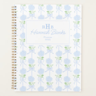 Preppy Watercolor Monogram Hydrangea Bows Planner