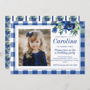 Preppy Watercolor Navy Blue Florals Gingham Invitation
