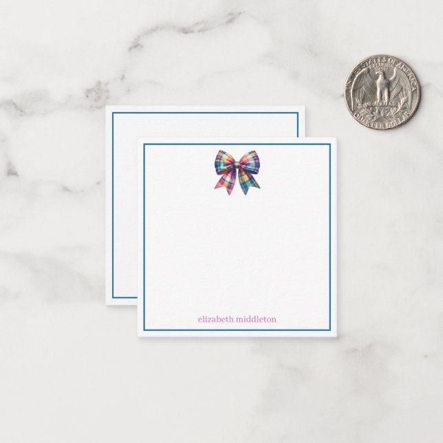 Preppy Watercolor Plaid Bow Personalised Card (Front/Back In Situ)