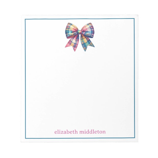 Preppy Watercolor Plaid Bow Personalised Notepad (Front)