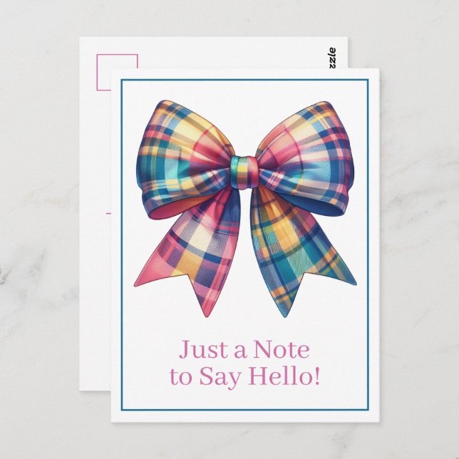 Preppy Watercolor Plaid Bow Personalised Postcard (Front/Back)