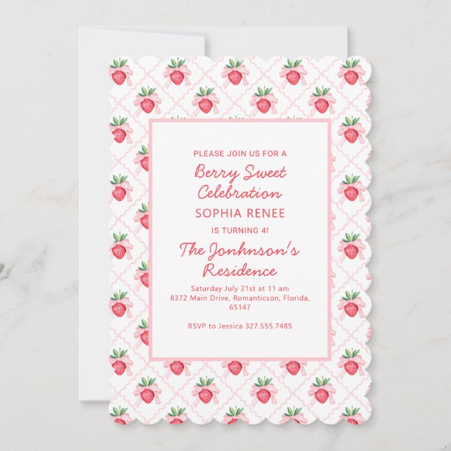 Preppy Watercolor Strawberries Berry Sweet Invitation (Front)