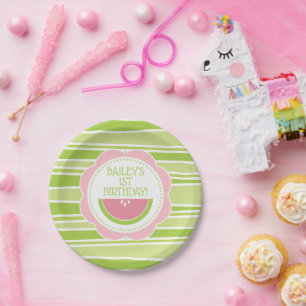 Preppy Watermelon 1st Birthday Pink and Green Paper Plate