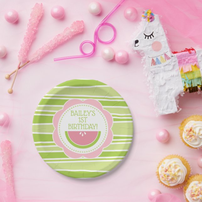 Preppy Watermelon 1st Birthday Pink and Green Paper Plate (Party)