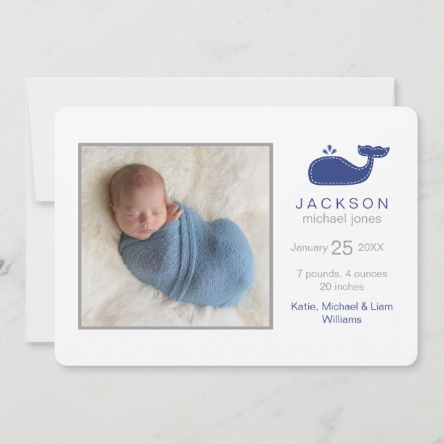 Preppy Whale Photo Birth Announcement, Baby Boy Announcement (Front)