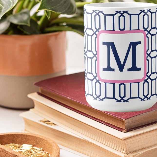 Preppy White Blue Octagon Monogram Initial Coffee Mug (Creator Uploaded)