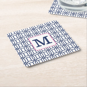 Preppy White Blue Octagon Monogram Initial Square Paper Coaster