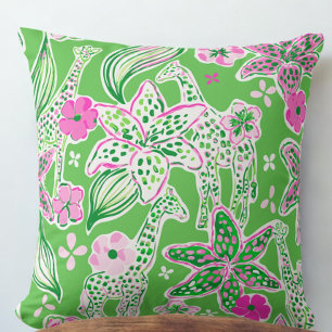 Preppy White Giraffes Pink Floral Lime Green Cushion