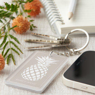 Preppy White Pineapple on Beige Key Ring