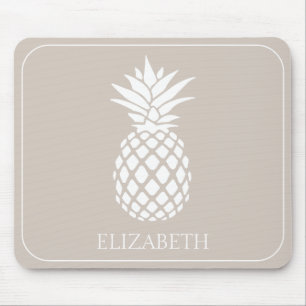 Preppy White Pineapple on Beige Mouse Mat