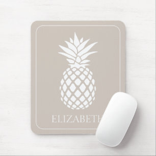 Preppy White Pineapple on Beige Mouse Mat