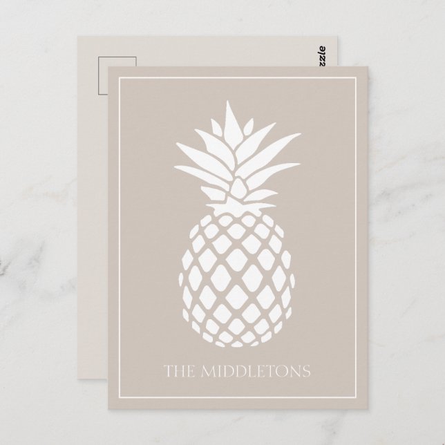 Preppy White Pineapple on Beige Postcard (Front/Back)